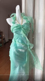 Ndyad Green Chiffon Satin Sheath Party Dresses Halter Neck 3D Applique Cocktail Dress HZ1024