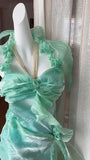 Ndyad Green Chiffon Satin Sheath Party Dresses Halter Neck 3D Applique Cocktail Dress HZ1024