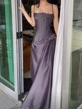 Ndyad Dark Gray Purple Spaghetti Straps Sheath Satin Evening Dress Long Prom Dresses HZ1024