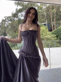 Ndyad Dark Gray Purple Spaghetti Straps Sheath Satin Evening Dress Long Prom Dresses HZ1024