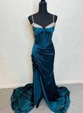 Ndyad Dark Teal Spaghetti Strap Mermaid Satin Beaded Formal Evening Dress Long Prom Dresses HZ1024
