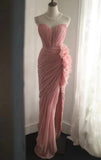 Ndyad Peach Strapless Sheath Evening Dress Simple Bridesmaid Dress HZ1024