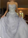 Ndyad Lilac Strapless Tulle A-Line Long Prom Dresses Unique Wedding Dresses HZ1024