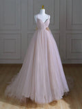 Evafashion V Neck Tulle Pink Long Prom Dress, Pink Tulle Long Formal Dress HZ1024