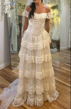 Ndyad Ivory Off Shoulder Tulle Lace A-line Wedding Dress HZ1024