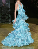 Ndyad Blue Spaghetti Straps Chiffon Mermaid Formal Evening Dress Unique Prom Dress HZ1024
