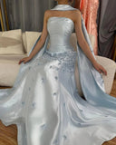 Ndyad Gray Blue Satin A-Line Strapless Wedding Dress Formal Evening Dress HZ1024