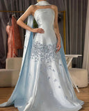 Ndyad Gray Blue Satin A-Line Strapless Wedding Dress Formal Evening Dress HZ1024