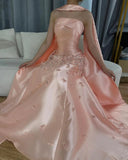 Ndyad Gray Blue Satin A-Line Strapless Wedding Dress Formal Evening Dress HZ1024