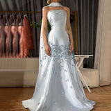 Ndyad Gray Blue Satin A-Line Strapless Wedding Dress Formal Evening Dress HZ1024
