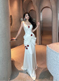 Ndyad White Satin Mermaid Off-the-shoulder Long Prom Dresses Simple Formal Evening Dresses HZ1024