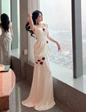 Ndyad White Satin Mermaid Off-the-shoulder Long Prom Dresses Simple Formal Evening Dresses HZ1024