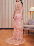 Ndyad Lace Beaded Spaghetti Straps Tulle Sheath Long Prom Dress Charming Evening Party Dress HZ1024
