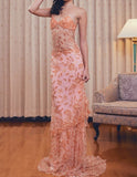 Ndyad Lace Beaded Spaghetti Straps Tulle Sheath Long Prom Dress Charming Evening Party Dress HZ1024