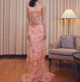 Ndyad Lace Beaded Spaghetti Straps Tulle Sheath Long Prom Dress Charming Evening Party Dress HZ1024
