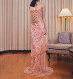 Ndyad Lace Beaded Spaghetti Straps Tulle Sheath Long Prom Dress Charming Evening Party Dress HZ1024