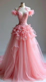 Ndyad Peach V-Neck A-Line Lace Tulle Wedding Dress Long Prom Dresses HZ1024