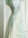 Ndyad Light Green One Shoulder A-Line Tulle Applique Wedding Dress Formal Evening HZ1024