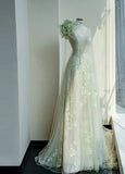 Ndyad Light Green One Shoulder A-Line Tulle Applique Wedding Dress Formal Evening HZ1024