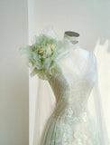 Ndyad Light Green One Shoulder A-Line Tulle Applique Wedding Dress Formal Evening HZ1024