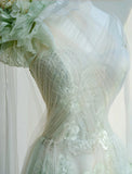 Ndyad Light Green One Shoulder A-Line Tulle Applique Wedding Dress Formal Evening HZ1024