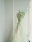 Ndyad Light Green One Shoulder A-Line Tulle Applique Wedding Dress Formal Evening HZ1024
