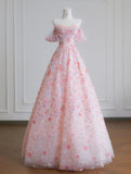 Ndyad Pink Off-the-shoulder A-Line Tulle Sequin Applique Wedding Dress Sweet 16 Dresses HZ1024