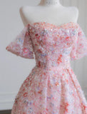 Ndyad Pink Off-the-shoulder A-Line Tulle Sequin Applique Wedding Dress Sweet 16 Dresses HZ1024