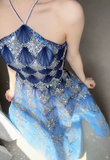 Ndyad Ocean Blue Halter A-Line Tulle Sequin Wedding Dress Long Prom Dress HZ1024