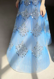 Ndyad Ocean Blue Halter A-Line Tulle Sequin Wedding Dress Long Prom Dress HZ1024