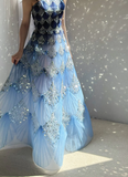 Ndyad Ocean Blue Halter A-Line Tulle Sequin Wedding Dress Long Prom Dress HZ1024