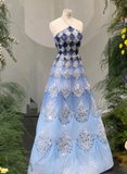Ndyad Ocean Blue Halter A-Line Tulle Sequin Wedding Dress Long Prom Dress HZ1024