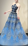 Ndyad Ocean Blue Halter A-Line Tulle Sequin Wedding Dress Long Prom Dress HZ1024