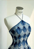 Ndyad Ocean Blue Halter A-Line Tulle Sequin Wedding Dress Long Prom Dress HZ1024