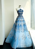 Ndyad Ocean Blue Halter A-Line Tulle Sequin Wedding Dress Long Prom Dress HZ1024