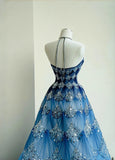 Ndyad Ocean Blue Halter A-Line Tulle Sequin Wedding Dress Long Prom Dress HZ1024