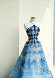 Ndyad Ocean Blue Halter A-Line Tulle Sequin Wedding Dress Long Prom Dress HZ1024