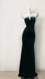 Ndyad Dark Green Strapless Mermaid Velvet Long Evening Dress HZ1024