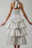 Evafashion A-Line Halter Prom Dress Tiered Satin Empire-Waist Sleeveless Party Dress 22nd Birthday Dress with Bow HZ1024