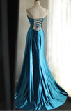 Ndyad Satin Mermaid Long Evening Dresses Turquoise Sweetheart Open Back Prom Dresses HZ1024