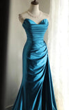 Ndyad Satin Mermaid Long Evening Dresses Turquoise Sweetheart Open Back Prom Dresses HZ1024