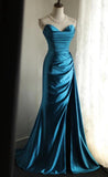 Ndyad Satin Mermaid Long Evening Dresses Turquoise Sweetheart Open Back Prom Dresses HZ1024