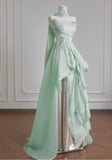 Ndyad Light Green A-Line Wedding Dresses Sweet Chiffon Strapless Long Prom Dresses HZ1024