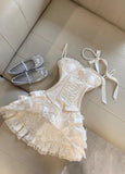 Ndyad Spaghetti Straps Satin Lace Satin Short Prom Dresses Cute A-Line Two-Piece Homecoming Dress HZ1024