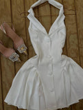 Evafashion White V-neck Satin Backless A-line Party Dresses Beautiful Homecoming Dress HZ1024