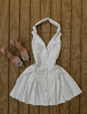 Evafashion White V-neck Satin Backless A-line Party Dresses Beautiful Homecoming Dress HZ1024