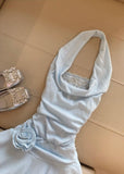 Ndyad Light Blue Halter Neck Chiffon Backless Homecoming Dress Short Party Dress HZ1024