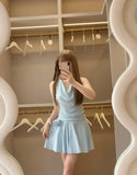 Ndyad Light Blue Halter Neck Chiffon Backless Homecoming Dress Short Party Dress HZ1024