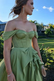 Ndyad Green Off-the-shoulder Satin A-Line Party Dresses with Slits HZ1024