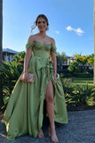 Ndyad Green Off-the-shoulder Satin A-Line Party Dresses with Slits HZ1024